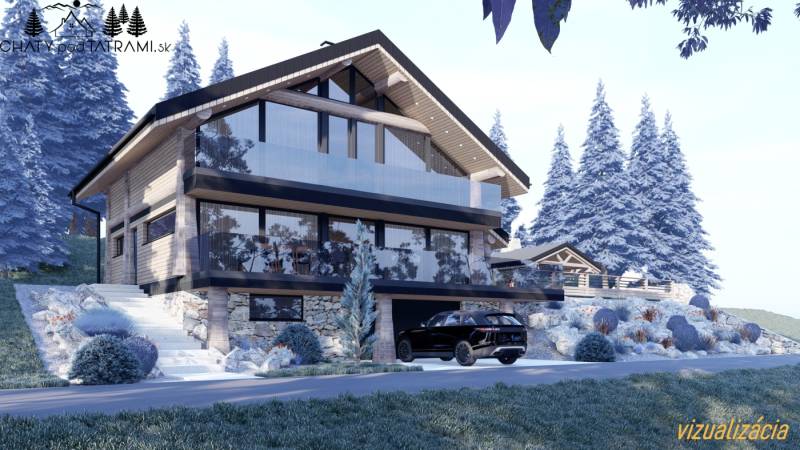 Stavebný pozemok s panoramatickým výhľadom Mýto Nízke Tatry - Drevená chalupa s presklenou terasou v zimnej krajine v Mýte pod Ďumbierom.