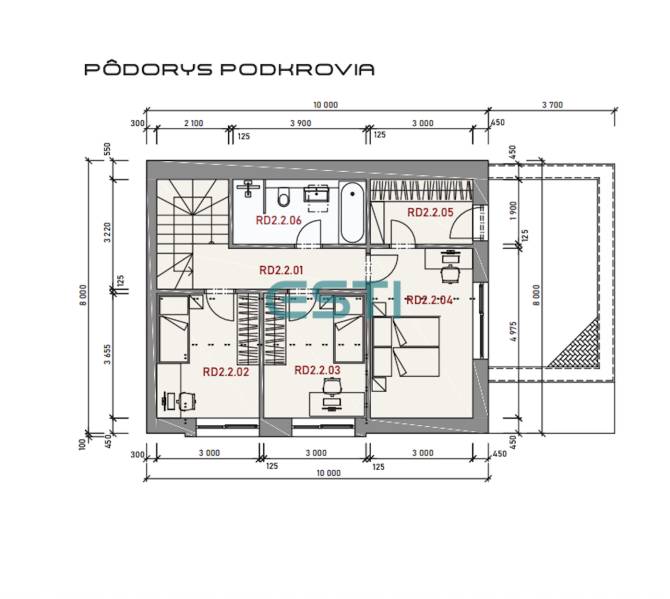 Novostavba - rodinný dom vo Višňovom pri Žiline - Pôdorys podkrovia rodinného domu s rozvrhnutím miestností a rozmermi.
