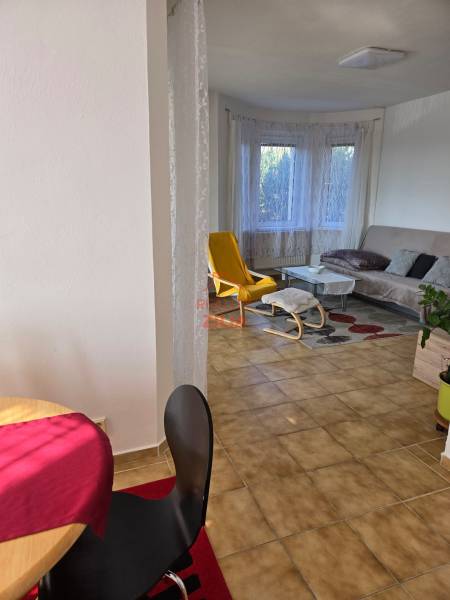 Viacgeneračný rodinný dom / investičná nehnuteľnosť – Dolná časť Zobor - Obývacia izba v rodinnom dome s oknom, žltým kreslom a stolíkom.