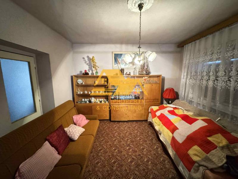 Predám rodinný dom s garážou v obci Dvory nad Žitavou - Obývacia izba v rodinnom dome s kobercom, pohovkou a skriňou s porcelánom.