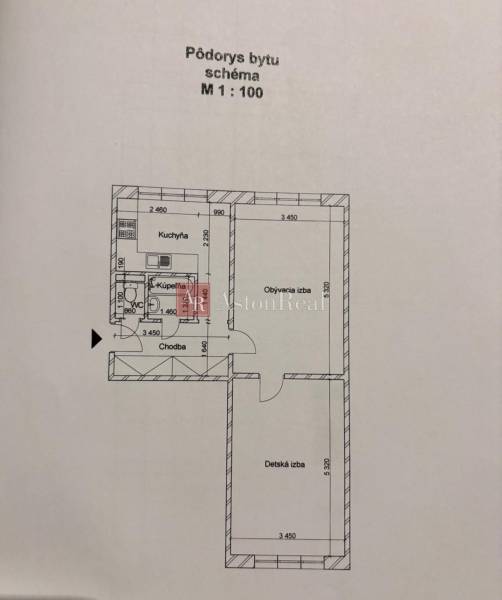 AstonReal:  predaj 2-izbový byt 54 m2, Poprad - Západ, Komenského - Pôdorys 2-izbového bytu s označením priestorov: kuchyňa, kúpeľňa, obývacia izba, chodba.