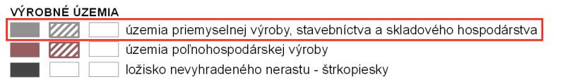 Pruské – Investičný pozemok v komasácii - Legenda k výrobným územiam vrátane priemyselnej výroby a skladovania.