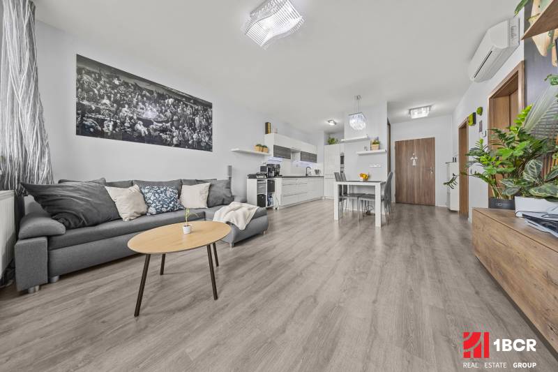 KOMPLETNE ZARIADENÝ 2-IZB. BYT,BALKÓN + PIVNICA,BUDATÍNSKA – PETRŽALKA - Obývacia izba v 2-izbovom byte s podlahou s dreveným dekorom, sivou sedačkou a rastlinami.