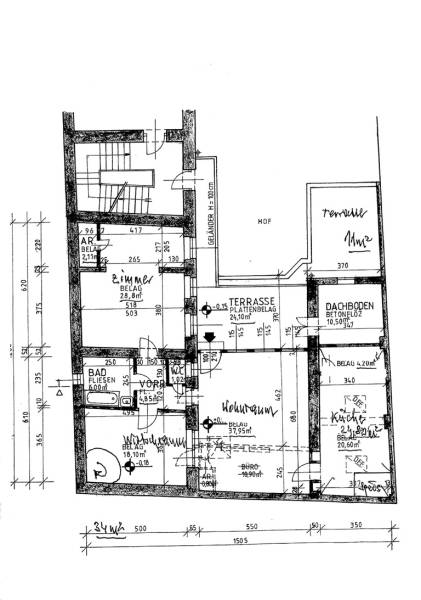 Prenájom kancelárie, Hauptstraße, Hauptstraße, Eisenstadt - Podorys kancelárií s terasou a skladom, zahŕňa izby a kúpeľne.