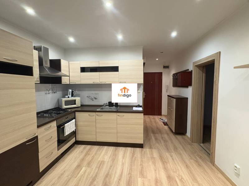 PRENÁJOM – 1-izbový byt po kompletnej rekonštrukcii, Šaľa – Bottova  - Kuchyňa v 1-izbovom byte s vybavením a podlahou s dreveným dekorom.