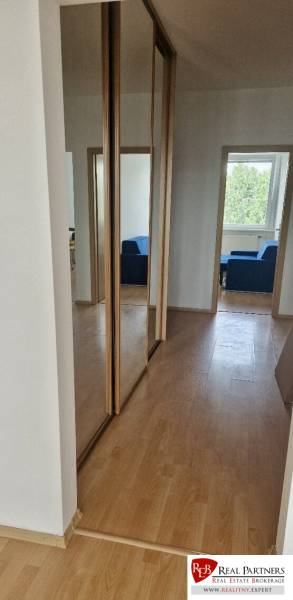 Prenájom 3 - izbový byt Bratislava - Petržalka - Chodba v 3-izbovom byte s podlahou s dreveným dekorom a vstavanými skriňami.
