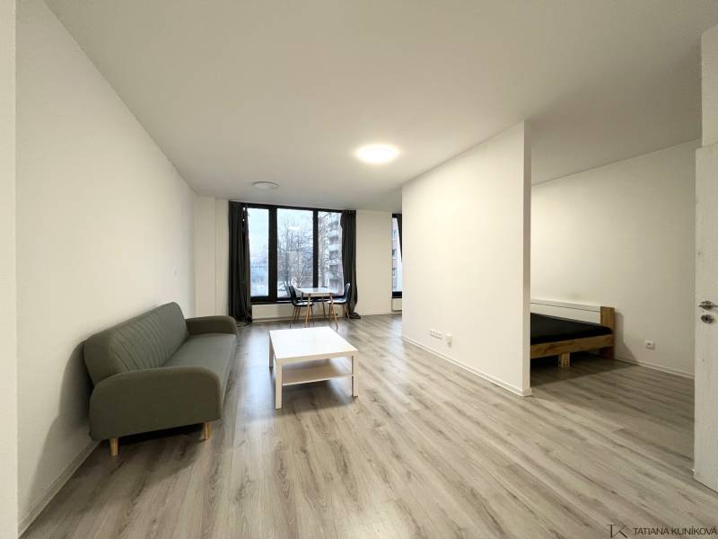 NA PRENÁJOM! Veľkometrážny 56m2 1i byt, Veľkomoravská, Trenčín - 1-izbový byt s podlahou s dreveným dekorom, sedačkou a jedálenským kútom.