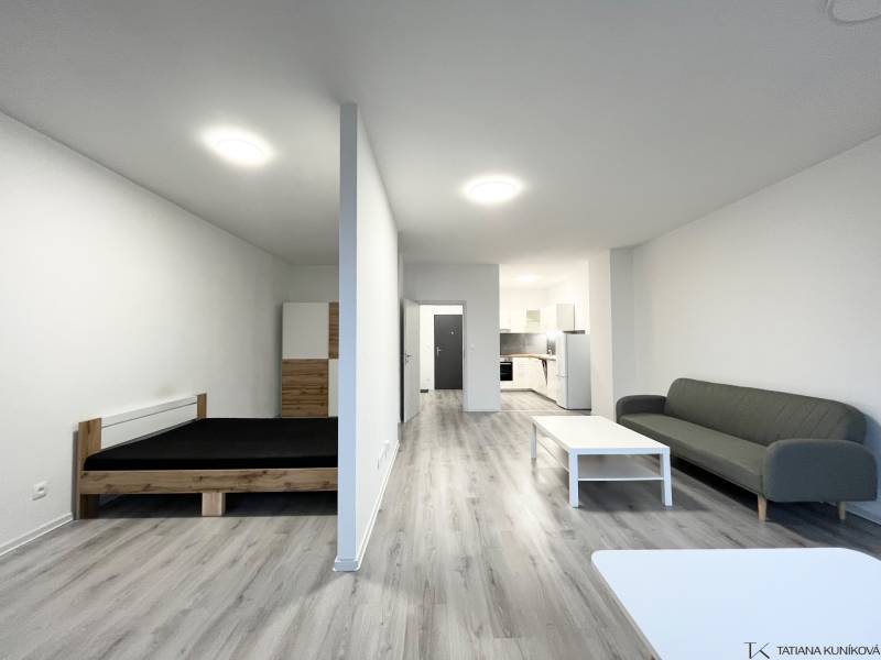 NA PRENÁJOM! Veľkometrážny 56m2 1i byt, Veľkomoravská, Trenčín - Interiér 1-izbového bytu s podlahou s dreveným dekorom, posteľou a pohovkou.