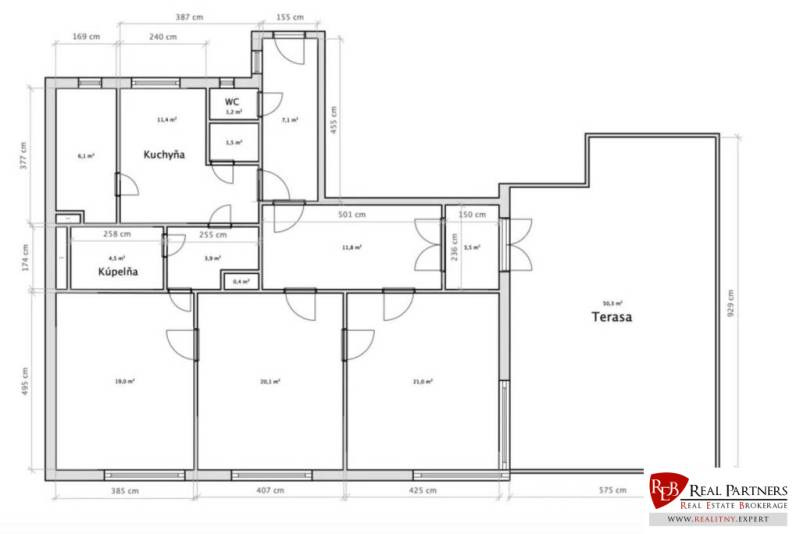 Predaj 4-izbový byt, 102m2, terasa 50m2, Bratislava-centrum, Gorkého - Pôdorys 4-izbového bytu s terasou, kuchyňou a kúpeľňou, zaznamenané rozmery miestností.