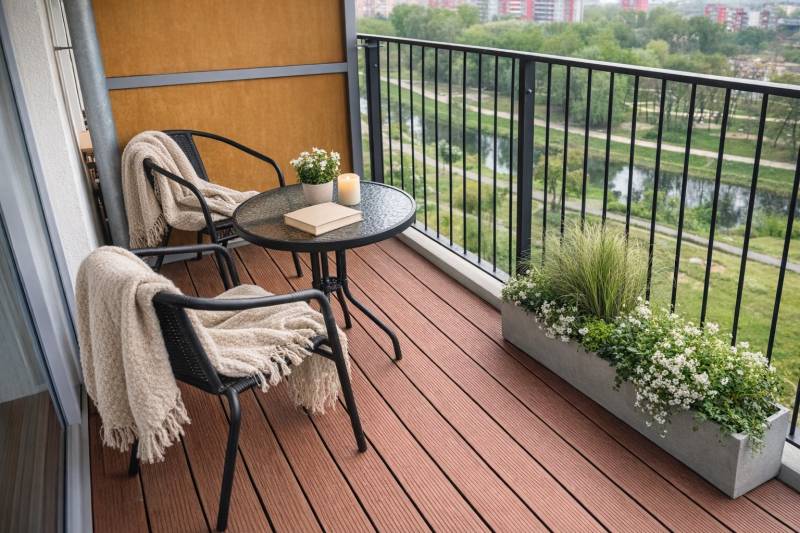 REZERVOVANÉ Prenájom  2-izbového bytu v Petržalke - Balkón s podlahou z dreveného dekoru, stolíkom, stoličkami a výhľadom na prírodu.