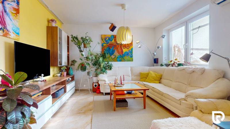 4i byt s atmosférou domu, terasou a parkovaním | Vrakuňa, 129m2 - Obývacia izba v 4-izbovom byte s rastlinami, pohovkou a umeleckými obrazmi.