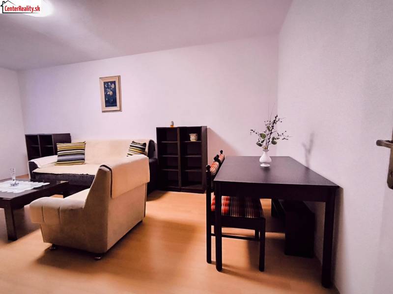 ‼️  PRENÁJOM  - 2 IZBOVÉHO BYTU, PARTIZÁNSKE SÍDLISKO ŠÍPOK ‼️ - Obývacia izba v 2-izbovom byte s podlahou s dreveným dekorom, svetlý gauč, stolík.