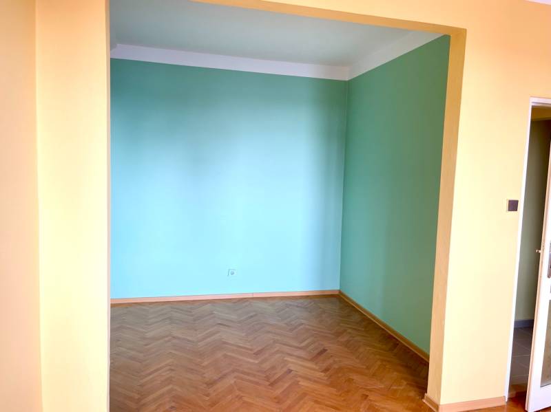 Predáj 1i čiastočne zrekonštruovaný byt s loggiou - Izba v 1-izbovom byte s podlahou s dreveným dekorom a svetlými stenami.