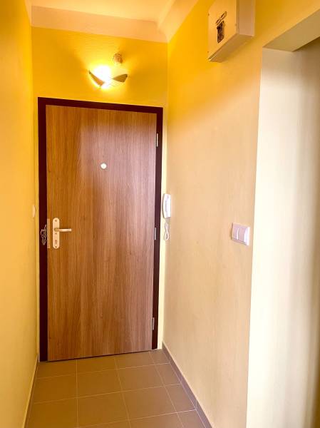 Predáj 1i čiastočne zrekonštruovaný byt s loggiou - Žlté steny, drevené dvere, svetlo a interkom v 1-izbovom byte.