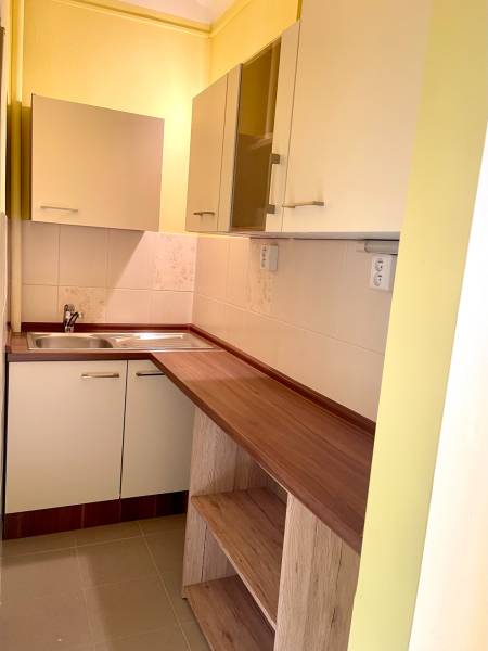 Predáj 1i čiastočne zrekonštruovaný byt s loggiou - Kuchyňa v 1-izbovom byte s podlahou s dreveným dekorom, svetlými skrinkami a drezom.