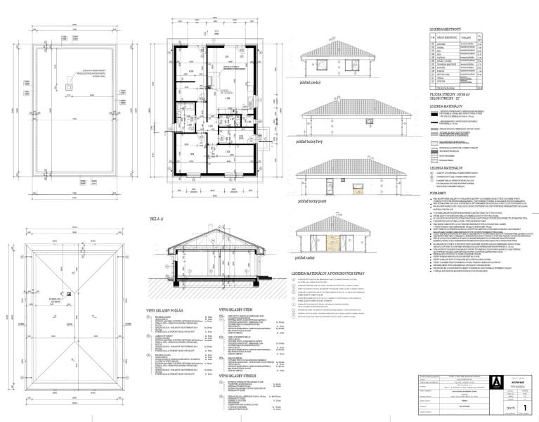 I NA PREDAJ 4i rodinný dom s veľkým pozemkom v Galante - Architektonické výkresy rodinného domu v Galante, obsahujúce pôdorysy a bočné pohľady.