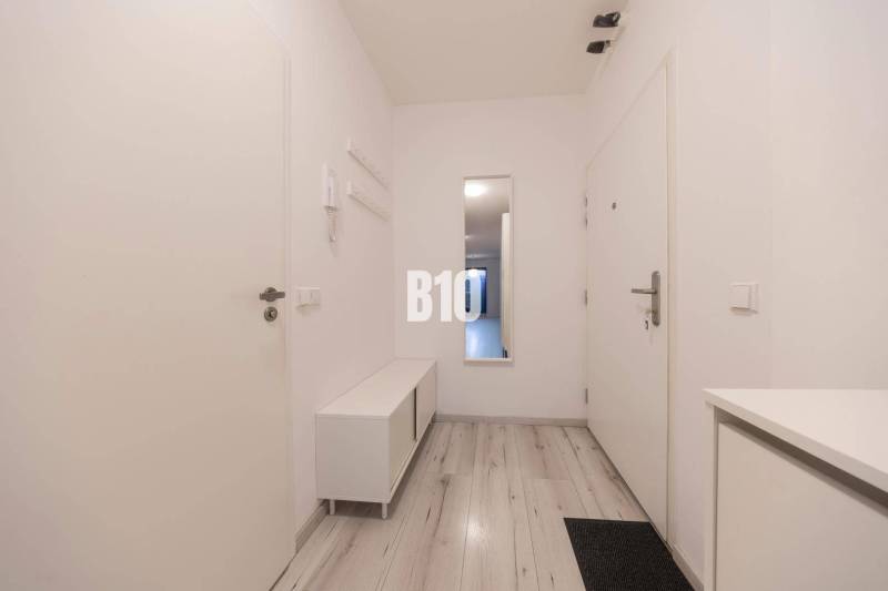 TEHELNÉ POLE | 1-izbový byt s priestrannou terasou - Predsieň 1-izbového bytu s bielym nábytkom a podlahou s dreveným dekorom.