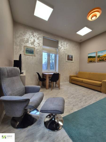 Na prenájom  plne zariadený apartmán na Južnej triede 44, Košice - Obývacia izba 1-izbového bytu s kreslom, pohovkou a stolom, podlaha s dreveným dekorom.