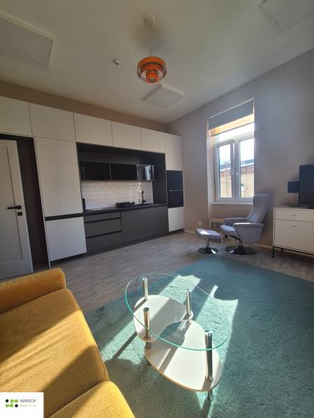 Na prenájom  plne zariadený apartmán na Južnej triede 44, Košice - Svetlá obývacia izba v 1-izbovom byte s kuchyňou a podlahou s dreveným dekorom.