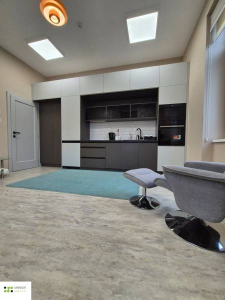 Na prenájom  plne zariadený apartmán na Južnej triede 44, Košice - Kuchyňa v 1-izbovom byte s podlahou s dreveným dekorom a pohodlným kreslom.