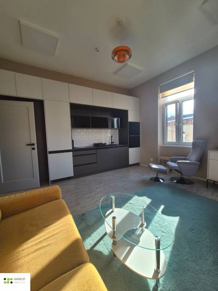 Na prenájom  plne zariadený apartmán na Južnej triede 44, Košice - Obývacia izba v 1-izbovom byte s podlahou s dreveným dekorom, pohovkou a skleneným stolíkom.