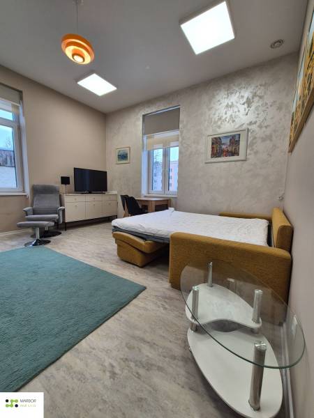 Na prenájom  plne zariadený apartmán na Južnej triede 44, Košice - Obývacia časť 1-izbového bytu s posteľou, televízorom a kreslom na podlahe s dreveným dekorom.