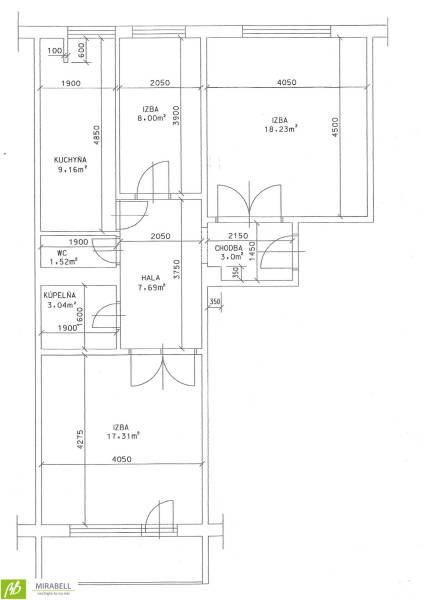 3 izbový byt pri električkovej trati s výhľadom na Draždiak - Pôdorys 3-izbového bytu s kuchyňou, halou, kúpeľňou a chodbou.