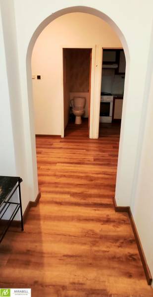 3 izbový byt pri električkovej trati s výhľadom na Draždiak - 3-izbový byt s podlahou v drevenom dekore, oblúk, toaleta a kuchyňa v pozadí.