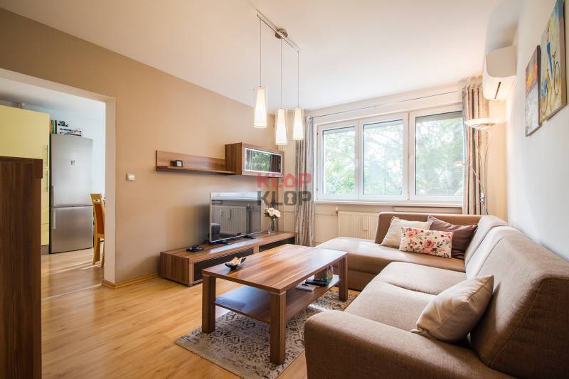 Pozrite si PRÍJEMNÝ 2i byt so ZARIADENÍM, LODŽIOU a KLIMATIZÁCIOU - Obývacia izba v 2-izbovom byte s pohovkou a podlahou s dreveným dekorom.