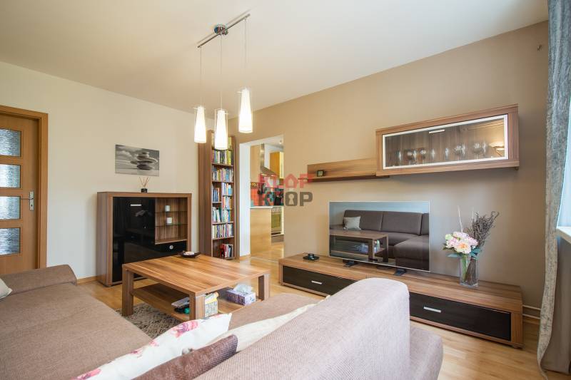 Pozrite si PRÍJEMNÝ 2i byt so ZARIADENÍM, LODŽIOU a KLIMATIZÁCIOU - Obývačka s podlahou s dreveným dekorom, pohovkou a policami v 2-izbovom byte.