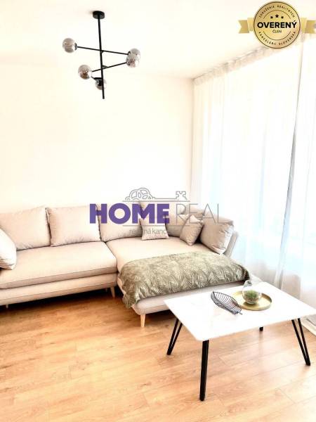 MODERNE A PRAKTICKY ZARIADENÝ 3 IZB. BYT V NOVOSTAVBE NA BOROCH. - Obývačka v 3-izbovom byte s pohovkou, stolíkom a podlahou s dreveným dekorom.