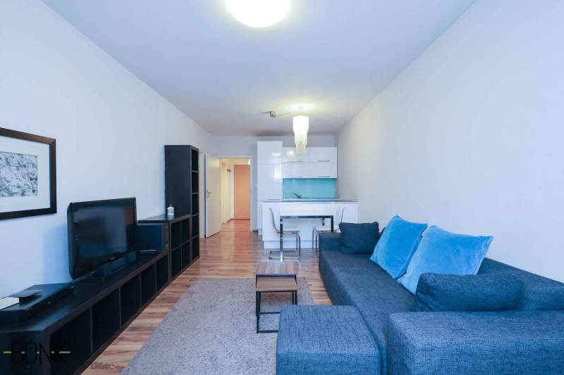 Predaj útulný 2 izbový byt, novostavba, super lokalita Jégeho ulica. - Obývacia izba s pohovkou a TV v 2-izbovom byte, podlaha s dreveným dekorom.