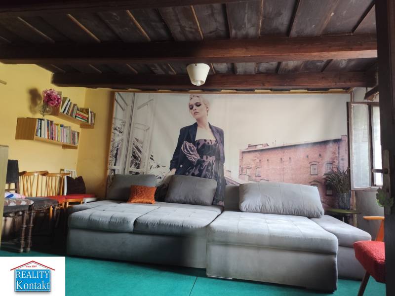 Ponúkame na predaj záhradný domček - Jasová - Obývacia izba v rodinnom dome s pohovkou, knižinicou a plagátom na stene.