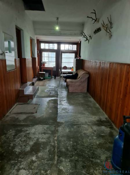 4.izb Rodinný Dom Centrum Chtelnica - Chodba v rodinnom dome s jednoduchým nábytkom, stenou s dřevěným obložením a loveckými trofejami.