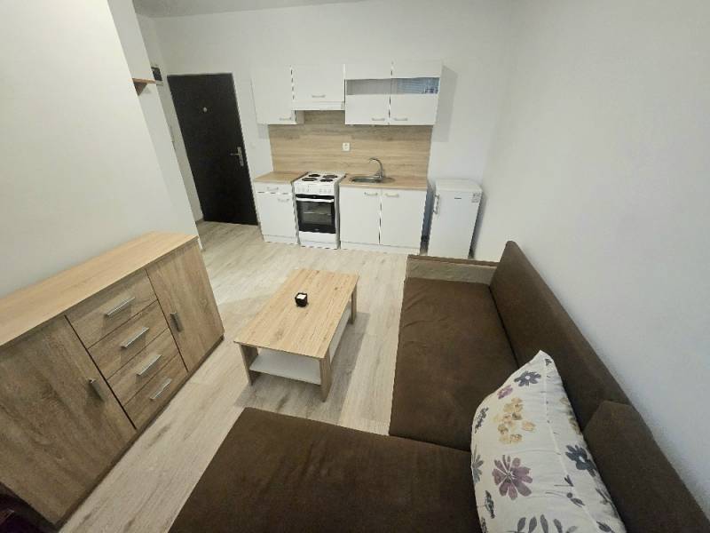 PRENÁJOM 1 IZBOVÝ BYT /24 M2/ SEVER/PIVNICA/ZARIADENÝ - Kuchynská časť 1-izbového bytu s podlahou s dreveným dekorom a pohovkou.