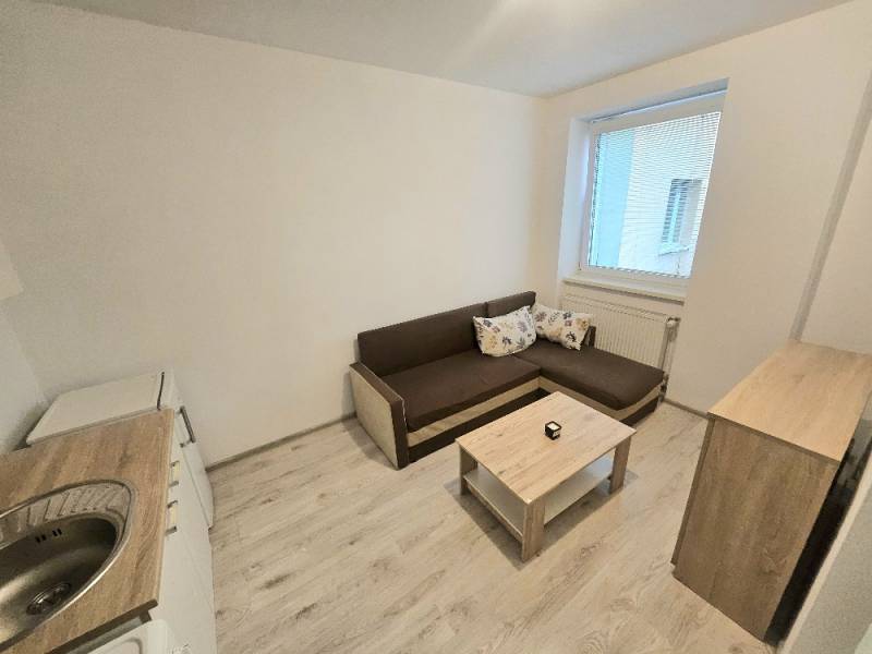 PRENÁJOM 1 IZBOVÝ BYT /24 M2/ SEVER/PIVNICA/ZARIADENÝ - Obývacia izba v 1-izbovom byte s pohovkou, kuchynským kútom a podlahou s dreveným dekorom.