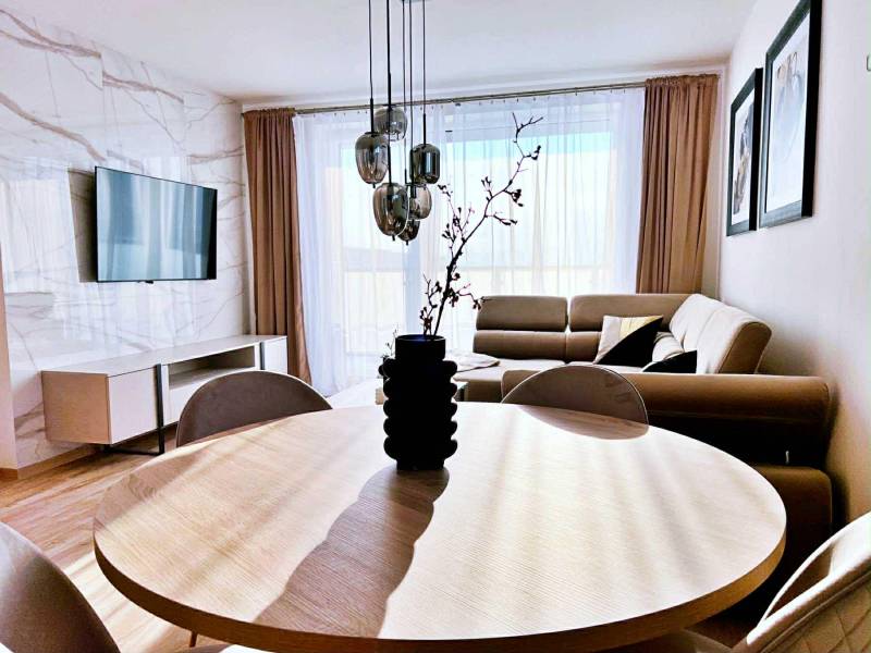 NADŠTANDARDNÝ 3-IZBOVÝ BYT NA PRENÁJOM | Byty Solivarská, Prešov - Obývacia izba v 3-izbovom byte s podlahou s dreveným dekorom a pohodlným gaučom.