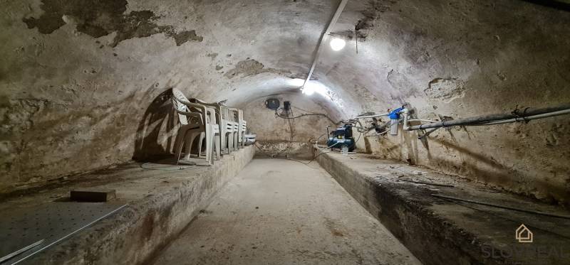 Predaj Domu v obci Lovča - Klenutý kamenný suterén so stoličkami a rozvodmi, typický interiér rodinného domu.