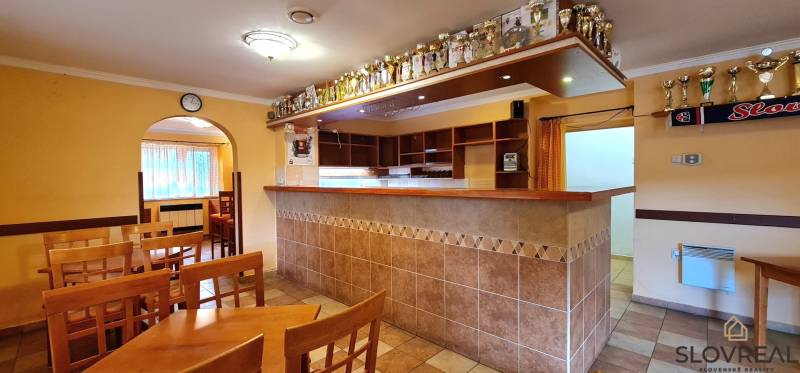 Predaj Domu (obchodného priestoru) v obci Lovča - Barový pult v Rodinnom dome s dreveným sedením a vystavenými trofejami.