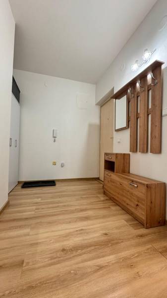 Prenájom 2 izbový byt Trenčín s vlastným parkovaním a terasou - Predsieň v 2-izbovom byte s podlahou s dreveným dekorom a dreveným nábytkom.