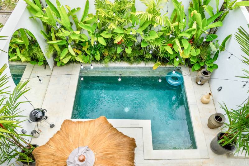 LUXUSNÁ 3-SPÁLŇOVÁ VILA S BAZÉNOM – CANGGU, BALI - Bazén vo vile na ulici Berawa v Canggu, obklopený zeleňou a dekoráciami.