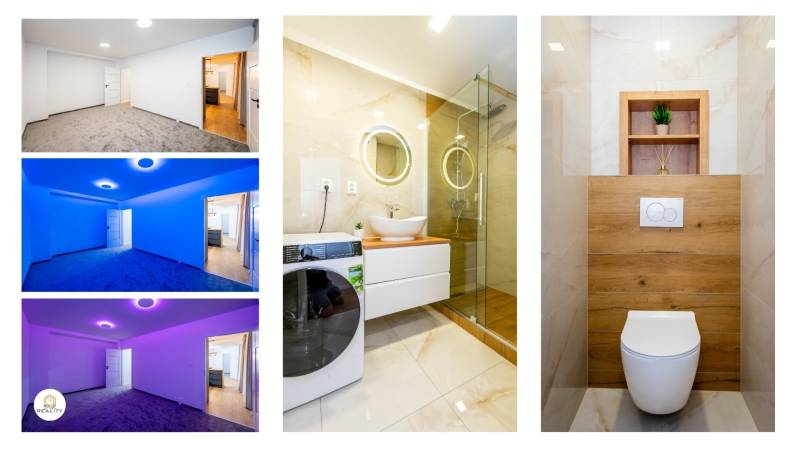 PRENÁJOM | 3i byt v centre Prešova | ZARIADENÝ - Interiér 3-izbového bytu s kobercom, kúpeľňou s práčkou a toaletou s dreveným dekorom.