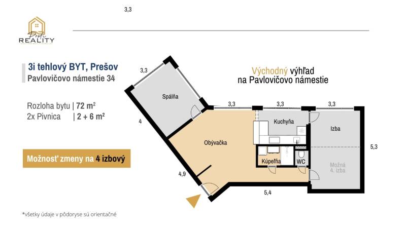 PRENÁJOM | 3i byt v centre Prešova | ZARIADENÝ - Pôdorys 3-izbového bytu s kuchyňou na Pavlovičovom námestí v Prešove. Rozloha 72 m².
