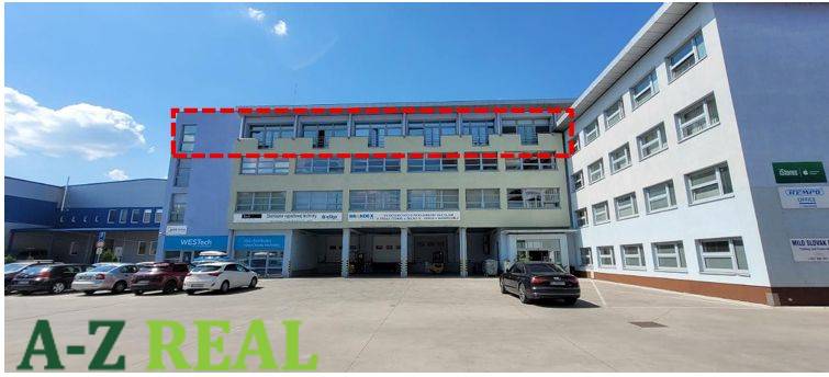 Prenájom kancelárskych priestorov 355 m2 ul. Stará Vajnorská - Budova s kanceláriami na Starej Vajnorskej, Bratislava - Nové Mesto. Parkovisko v popredí.