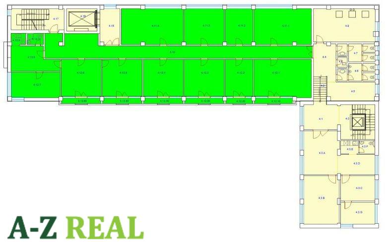 Prenájom kancelárskych priestorov 355 m2 ul. Stará Vajnorská - Pôdorys kancelárií s označením izieb na Starej Vajnorskej v Bratislave - Nové Mesto.