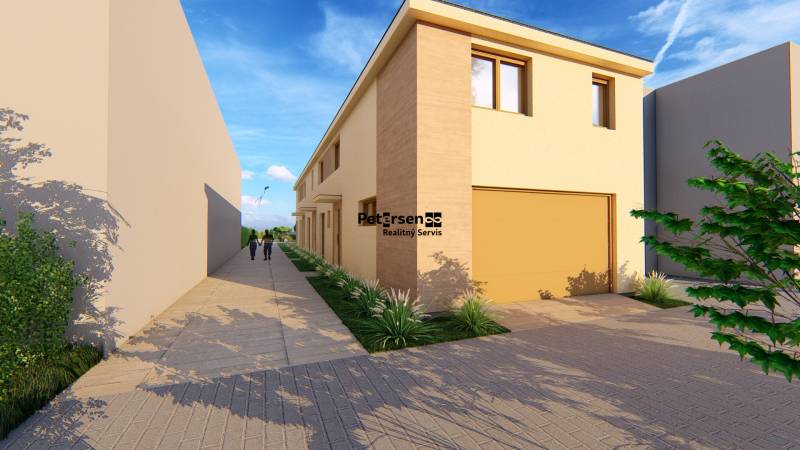 PREDPREDAJ – 3-izbový tehlový mezonet s garážou a pozemkom | Topoľčian - Vizualizácia ulice Litoměřická v Topoľčiankach s radovou zástavbou domov.