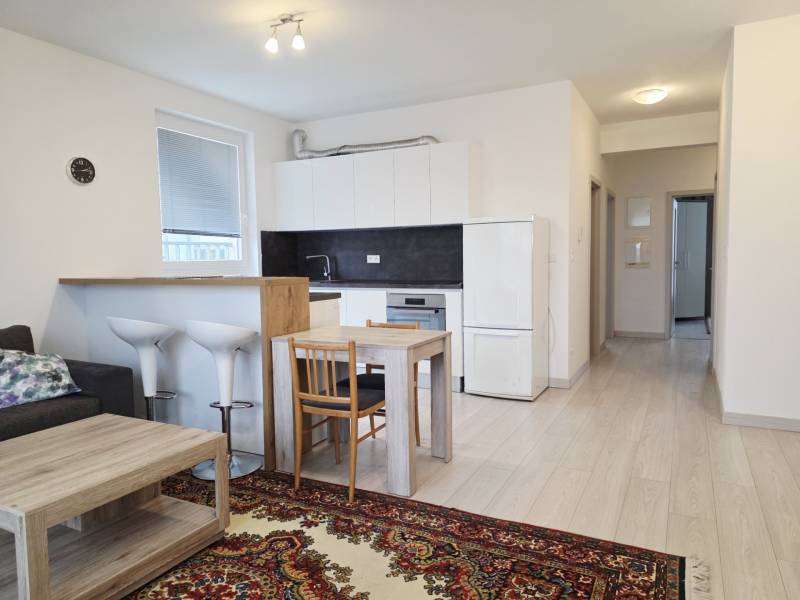 PREDAJ - 3 izbový byt blízko centra - Pivovarská ulica Nitra - Kuchyňa s obývačkou v 3-izbovom byte, podlaha s dreveným dekorom, svetlé vybavenie.