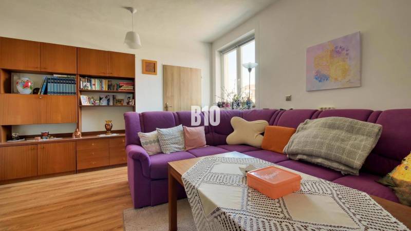 Praktický 8-izbový rodinný dom na Bystričke: Vhodný pre veľkú rodinu z - Obývačka v rodinnom dome s fialovým gaučom, knižnicou a podlahou s dreveným dekorom.