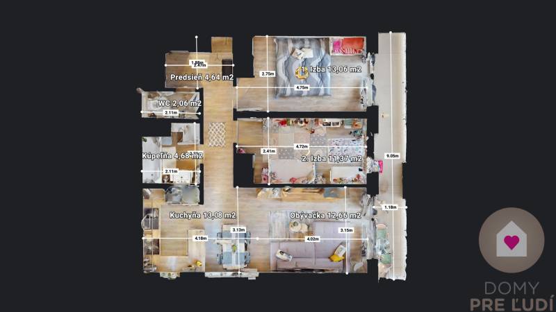BA/PETRŽALKA-Prenájom moderného 3i bytu s parkovacím státim-Slnečnice - Pôdorys 3-izbového bytu s kuchyňou a obývačkou s podlahou s dreveným dekorom.