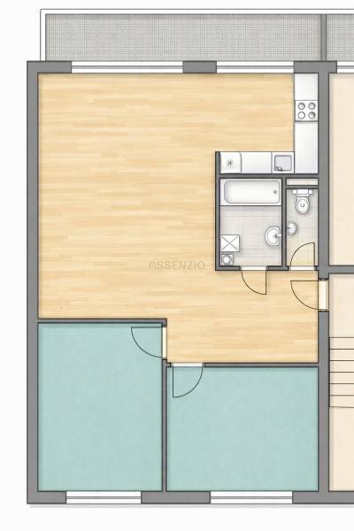 | PREDAJ | 3 izbový byt s veľkou loggiou – Banšelova, Ružinov - Pôdorys 3-izbového bytu s podlahou s dreveným dekorom, kuchyňa, kúpeľňa a toaleta.